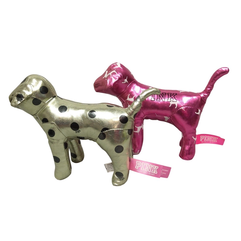 Victoria's Secret PINK Lot of 2 Iconic Metallic Shiny Pink Gold Stuffed Mini Dog